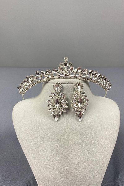 Hobigram Set de coroană de mireasă model Ilayda fină argintie și cercei subțiri – Coroană, piatră de cristal, model elegant – Ta