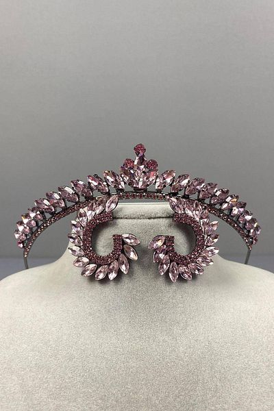 Hobigram Pink Thin Ilayda Model Bridal Tiara and Round Stone Earring Set – Crown, Crystal Stone, Stylish Model –