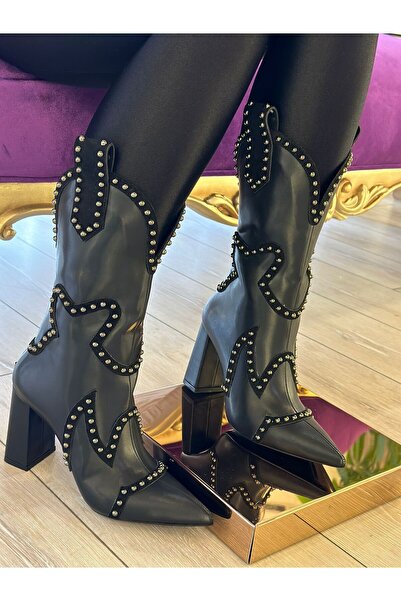 Purple Kadın Siyah Tasarım İşlemeli Sivri Burun Kovboy Çizme