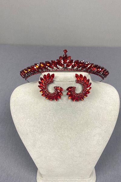 Hobigram Red Thin Ilayda Model Bridal Crown and Leaf Stone Earring Set – Crown, Crystal Stone, Stylish Model –