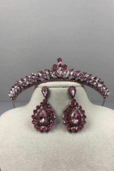 Hobigram Pink Thin Ilayda Model Bridal Crown and Drop Stone Earring Set – Crown, Crystal Stone, Stylish Model – Crown