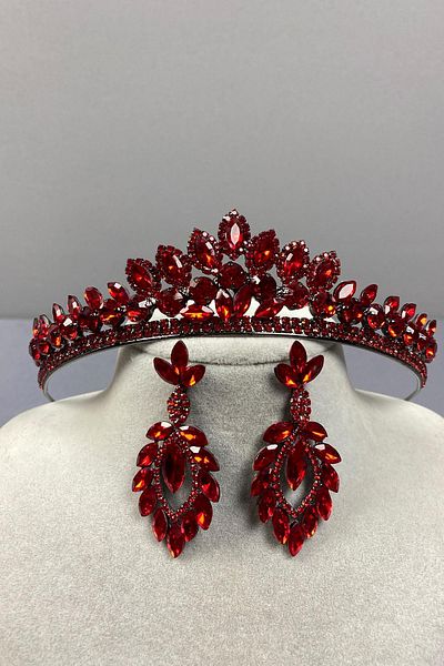 Hobigram Red Leyla Model Henna Bridal Crown and Shuttle Stone Earring Set – Crown, Crystal Stone, Stylish Model – Ta