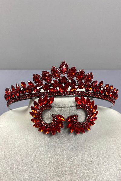 Hobigram Red Leyla Model Henna Bridal Crown and Round Stone Earring Set – Crown, Crystal Stone, Stylish Model –