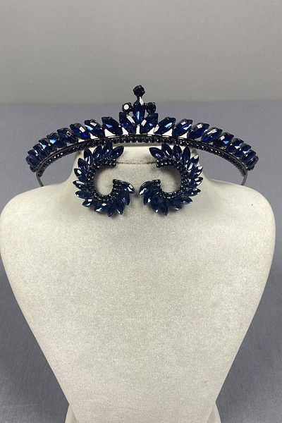 Hobigram Navy Blue Thin Ilayda Model Bridal Crown and Leaf Stone Earring Set – Crown, Crystal Stone, Stylish Model –