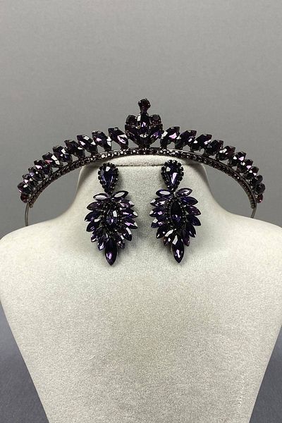 Hobigram Purple Color Thin Ilayda Model Bridal Crown and Thin Shuttle Earring Set – Crown, Crystal Stone, Stylish Model –