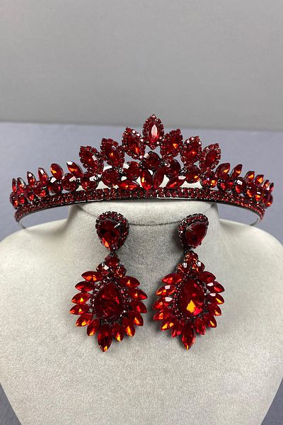 Hobigram Red Leyla Model Henna Bridal Crown and Drop Shuttle Stone Earring Set – Crown, Crystal Stone, Stylish Fashion