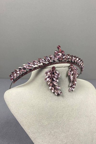 Hobigram Pink Thin Ilayda Model Bridal Crown and Leaf Stone Earring Set – Crown, Crystal Stone, Stylish Model – Ta