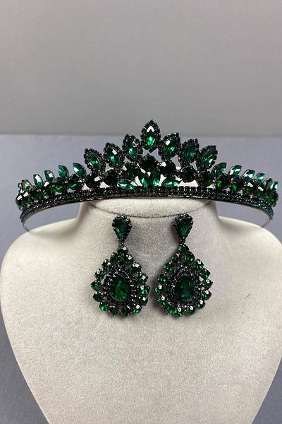 Hobigram Green Leyla Model Henna Bridal Crown and Drop Stone Earring Set – Crown, Crystal Stone, Stylish Model – Crown