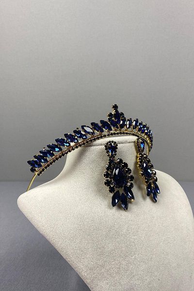 Hobigram Navy Blue Gold Thin Ilayda Model Bridal Crown and Three Shuttle Earring Set – Crown