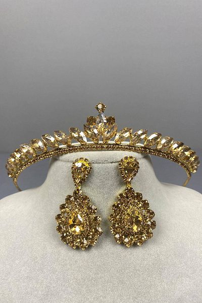Hobigram Honey Color Thin Ilayda Model Bridal Tiara and Round Stone Earring Set – Crown, Crystal Stone, Stylish Fashion