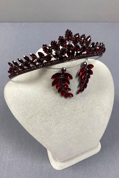 Hobigram Set de coroană de mireasă și cercei cu piatră de frunze Leyla Model Burgundy Leyla – Coroană, Crystal Stone, Model elegant – Coroană