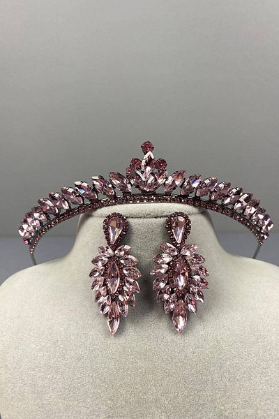 Hobigram Pink Thin Ilayda Model Bridal Crown and Thin Shuttle Stone Earring Set – Crown, Crystal Stone, Stylish Model