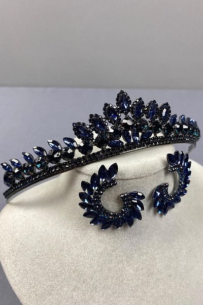 Hobigram Navy Blue Leyla Model Henna Bridal Crown and Round Stone Earrings Set – Crown, Crystal Stone, Stylish Model