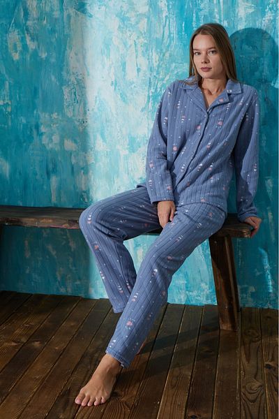 MEBA Women's Front Buttoned Petrol Heart Patterned Fleece Pajama Set
