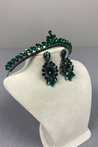 Hobigram Green Thin Ilayda Model Bridal Crown and Drop Stone Earring Set – Crown, Crystal Stone, Stylish Model – Crown