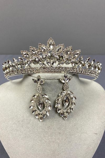 Hobigram Set de coroană de mireasă Leyla Model Henna și cercei cu pietre – Coroană, piatră de cristal, model elegant