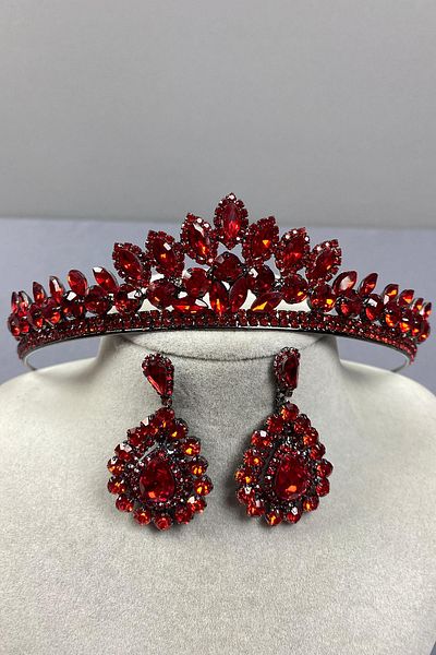 Hobigram Red Leyla Model Henna Bridal Crown and Drop Stone Earring Set – Crown, Crystal Stone, Stylish Model – Ta