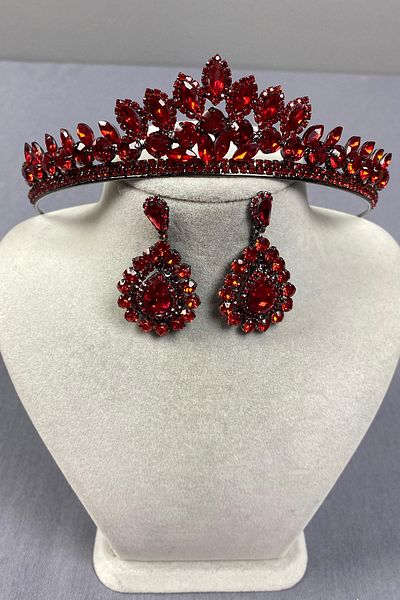 Hobigram Red Leyla Model Henna Bridal Crown and Drop Stone Earring Set – Crown, Crystal Stone, Stylish Model – Ta