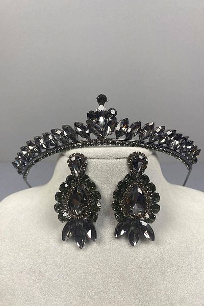 Hobigram Set de cercei și coroană de mireasă model Ilayda subțire gri antracit – coroană, piatră de cristal, model elegant