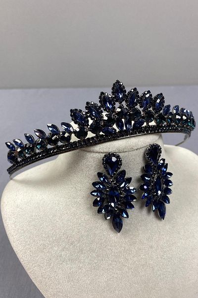 Hobigram Navy Blue Leyla Model Henna Bridal Crown and Thin Shuttle Earring Set – Crown, Crystal Stone, Stylish Model – Ta