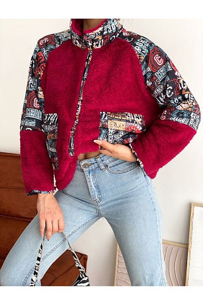 MET AND MARCH Printed Pocket Detailed Zippered Red Plush Jacket