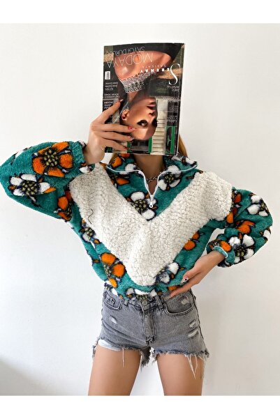 MET AND MARCH Çiçek Desenli Fermuarlı Peluş Sweatshirt