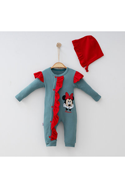 Aa Bebek Mickey Mouse Baskılı Önden Fırfırlı Şapkalı Kız Tulum 2'Li Takım