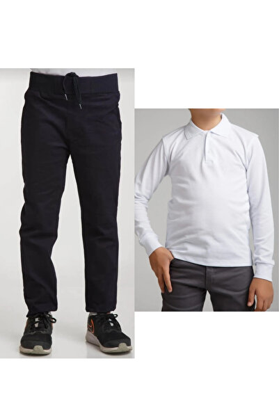 Nacar Unisex Çocuk Ribana Bel Keten Siyah Okul Pantolonu + Polo Yaka Uzun Kol...