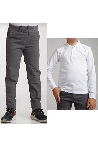 Nacar Unisex Çocuk Ribana Bel Keten Gri Okul Pantolonu + Polo Yaka Uzun Kol T-shirt