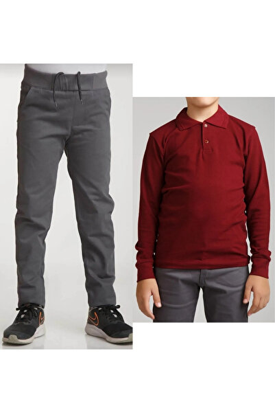 Nacar Unisex Çocuk Ribana Bel Keten Gri Okul Pantolonu + Polo Yaka Uzun Kol T-shirt