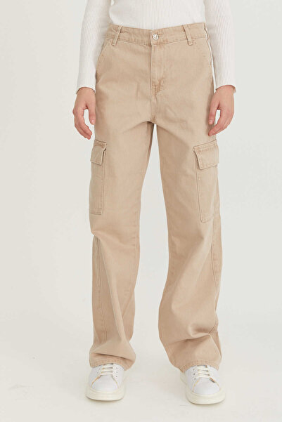 LİMABEL Women's High Waist Beige Cargo Pocket Jeans 100% Cotton Jeans