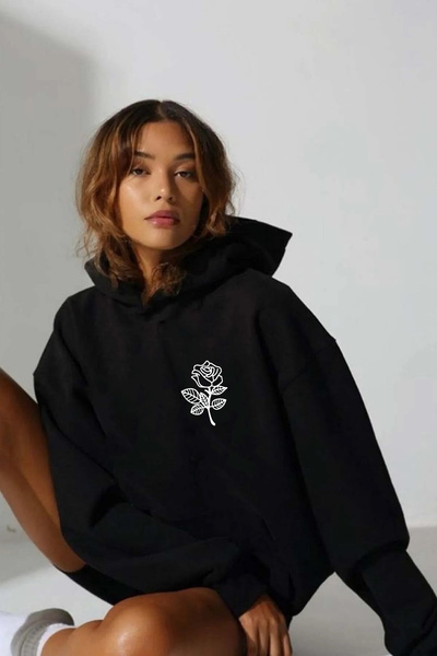 ZEMLİYA Hanorac unisex Vonix cu glugă, gri și negru, cu imprimeu trandafiri