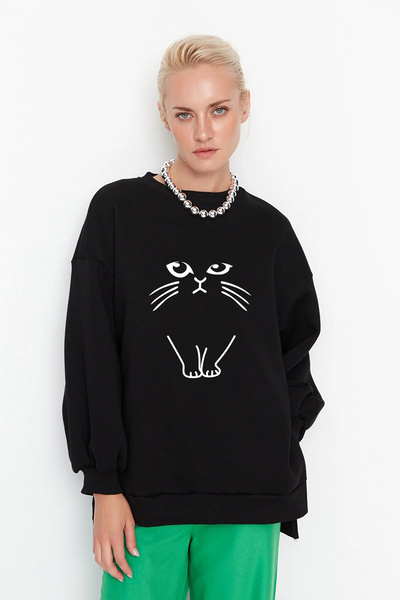 ZEMLİYA Hanorac supradimensionat unisex Vonix cu imprimeu pisică neagră