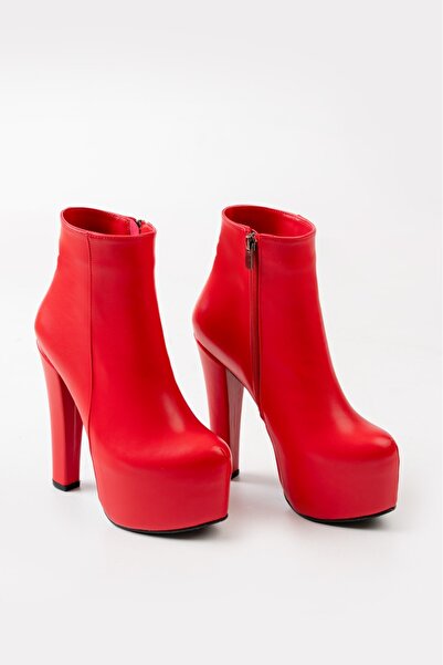 MASSOLE Kırmızı Deri Platform Bot Yeni Sezon Şık Abiye Kadın Topuklu Ayakkabı Premium Model