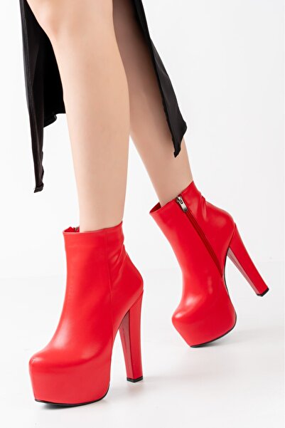 MASSOLE Kırmızı Deri Platform Bot Yeni Sezon Şık Abiye Kadın Topuklu Ayakkabı Premium Model