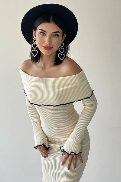 WOMAN VISION Tricotaj Tesatura Maneca lunga Guler Carmen Lungime Midi Rochie Color Stone 175
