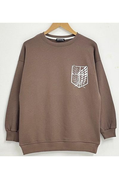 Moda Işık Φούτερ Καφέ Χρώμα Φύλλο με στάμπα 3 νημάτων χωρίς ψηλό λαιμόκοψη Oversize