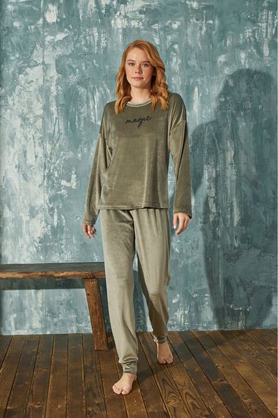 MEBA Khaki Magic Dlouhý rukáv manžetový zimní sametový dámský pyžamový set -2