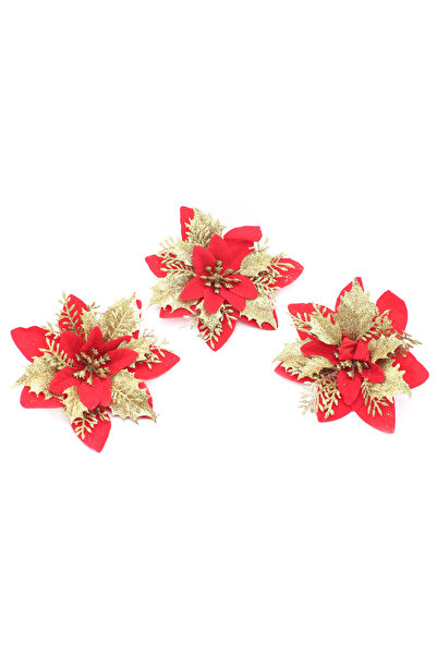 Lora Wedding 14cm 3 Shiny Looking Red and Gold Christmas Flowers Covered with...