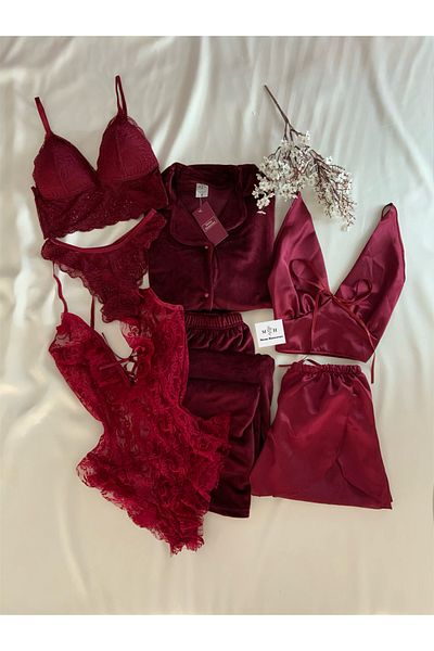 MH Moony Homewears Set de 7 bucăți Hazel Welsoft Set de lenjerie intimă din catifea cu mâneci lungi și curea din satin