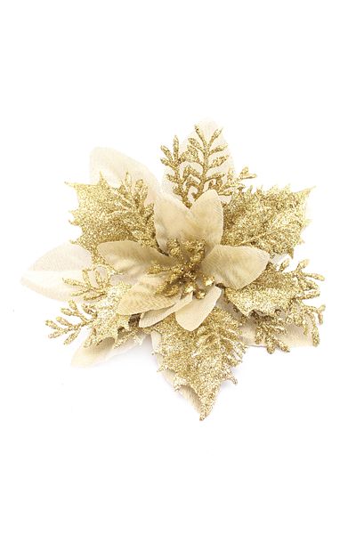Lora Wedding Χριστουγεννιάτικο λουλούδι 14cm 3 τεμαχίων χρυσό χρώμα επικαλυμμένο με γυαλιστερή εμφάνιση και σμίλες