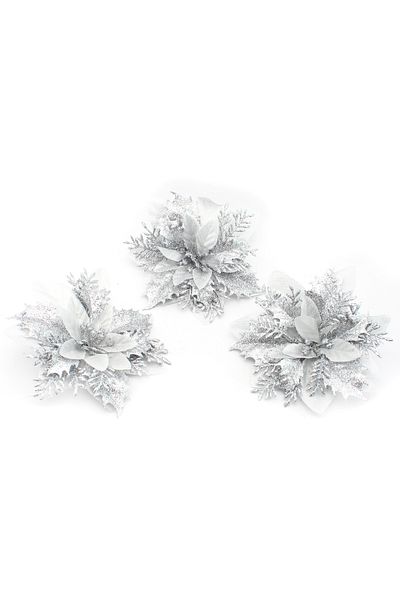 Lora Wedding 14cm 3 τεμάχια Ασημί Χρώμα Πρωτοχρονιάτικο Λουλούδι με γυαλιστερή εμφάνιση και επικαλυμμένο με σμάλτο