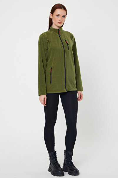 MAXIMILLIAN Women's Fleece Khaki Color 3 Pocket Zippered Bato Collar Outdoor Fleece