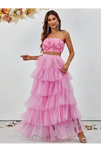 INDRESS STUDIO Kadın Pembe Renk Katlı Tül Etek