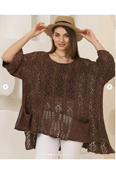 AYASOFYA OTANTIK Γυναικείο πουλόβερ μπλούζα από βαμβακερό πλεκτό υπερμεγέθη με καφέ τσάντα και τσέπες