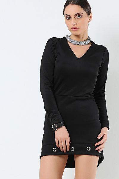 AVORWE Rochie mini cu decolteu în V cu mâneci lungi cu detaliu la tiv