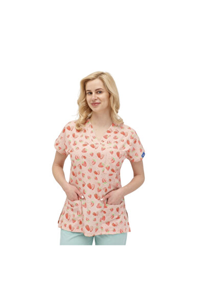 Dr. Mitra الفراولة منقوشة ليكرا (مرنة) نمط الأكمام الخفافيش الجراحية أعلى واحدة