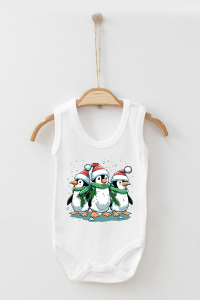 ADABEBEK 100% Cotton Organic Cute Penguins Christmas Strappy Bodysuit Baby Bodysuit