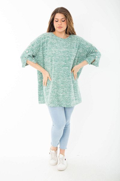 Şans Women's Large Size Green Sleeves Ornamental Metal Buttoned Crushed Thick Tunic 65N37403