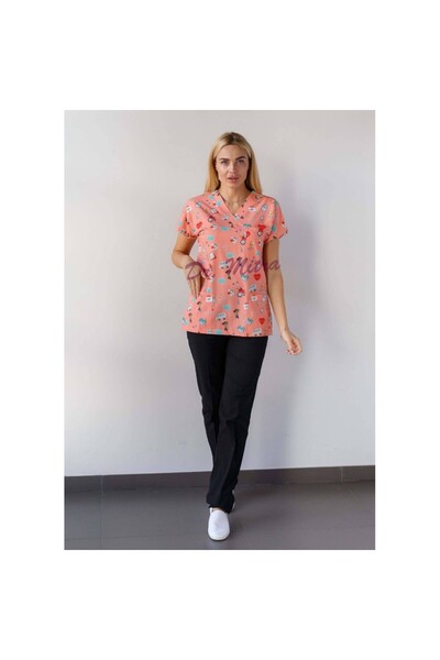 Dr. Mitra Model cu mânecă liliac material elastic (flexibilă) cu model tematic pentru stetoscop și inimă, top chirurgical unic